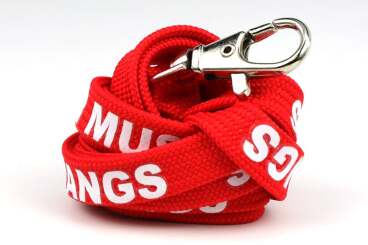 Red lanyard with white letters and a metal clip.