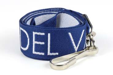 Blue lanyard with white lettering and a metal clip on a white background.
