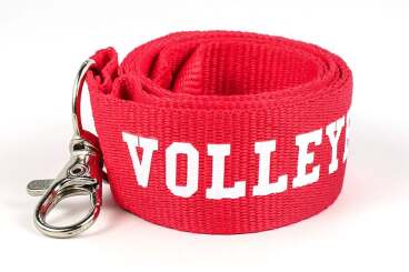 Coiled red lanyard with the word 'VOLLEYBALL' printed on it, featuring a metal hook.