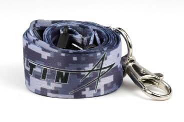 Rolled camouflage lanyard with a metal clip on a white background.