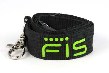 Black lanyard with green logo and metal clip.
