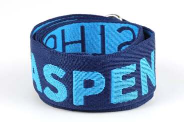 A rolled blue lanyard with 'ASPEN' in light blue text.