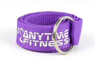 Coiled purple lanyard with white text and metal D-ring.