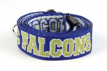Blue lanyard with yellow text spelling "FALCONS", rolled up with a clip and metal loops.