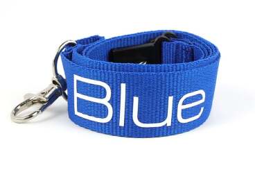Blue lanyard with 'Blue' text and a metal clip.