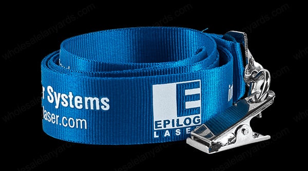 Blue nylon lanyard and white logo/ text, and bulldog clip attachment: Epilog Laser Systems