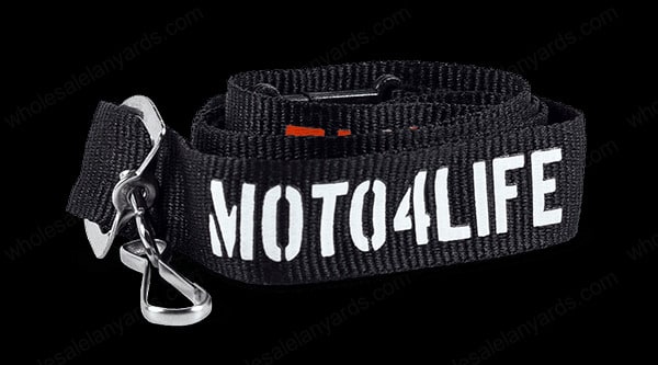 Black polyester lanyard with white/ orange text: Moto4life M4L