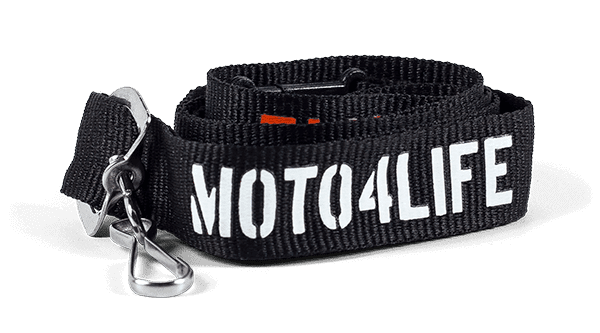 Black polyester lanyard with white/ orange text: Moto4life M4L