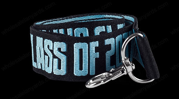 Black woven lanyard with blue text carabiner attachment: WWHS class of 2017