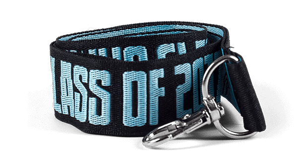 Black woven lanyard with blue text carabiner attachment: WWHS class of 2017