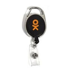 Silver metal and black/ orange plastic badge reel with lanyard and badge attachments