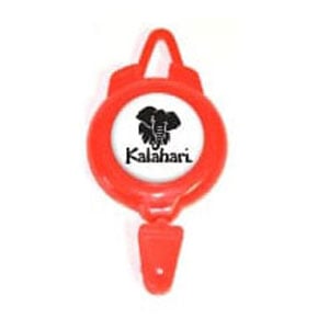 Red plastic badge reel with white/ black imprint and lanyard and badge attachments