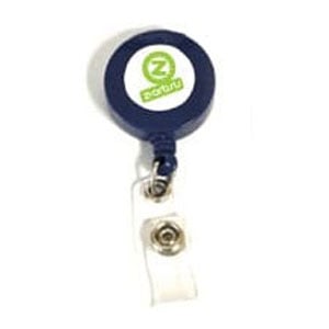 Navy blue plastic badge reel with white/ green logo imprint with metal clip on back and badge attachments
