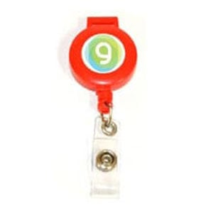 Red plastic badge reel with full color imprint and lanyard and badge attachments
