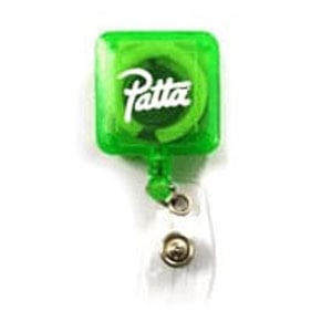 Square, green plastic badge reel with white logo imprint with metal clip on back and badge attachment