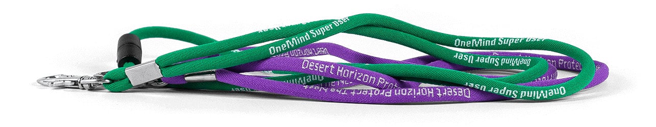 Purple and green lanyards with white text and carabiner attachments