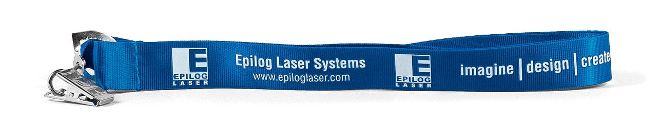 Blue nylon lanyard and white logo/ text, and bulldog clip attachment: Epilog Laser Systems