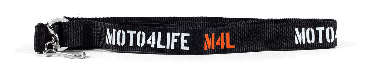 Black polyester lanyard with white/ orange text: Moto4life M4L