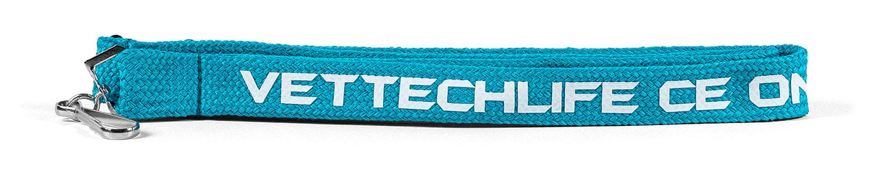 Teal tubular lanyard with white text and swivel hook attachment: Vet tech life