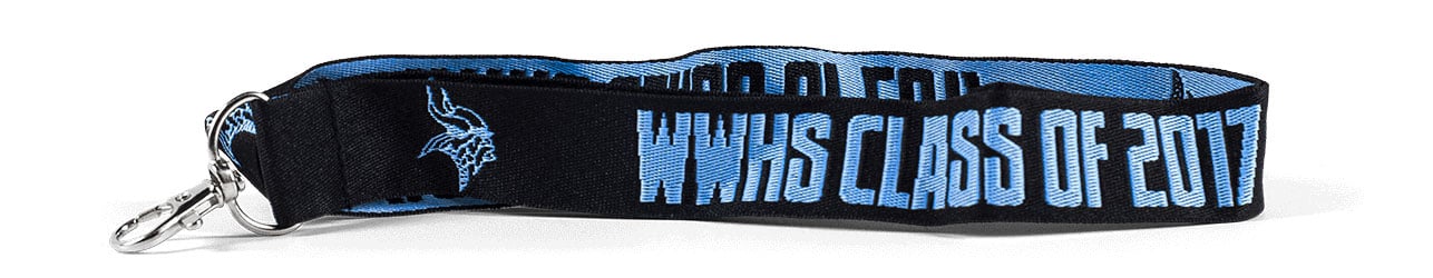 Black woven lanyard with blue text carabiner attachment: WWHS class of 2017