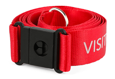 Red nylon lanyard with white text and black plastic safety break