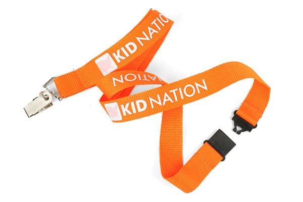 Orange polyester lanyard with white text and bulldog clip attachment and black plastic safety break