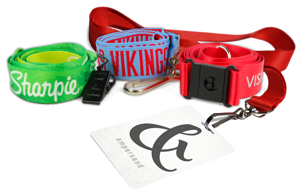 3 different lanyard styles, 1 green with Sharpie logo and black bulldog clip, 2 blue and red with swivel attachment, and 3 red with black safety break