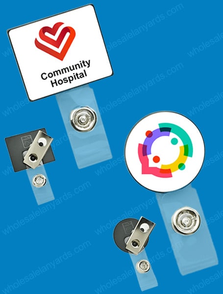 Square logo clip, front shown with red heart graphic and text: Community Hospital, and back with clip. Round logo clip front shown with abstract logo, and back with clip