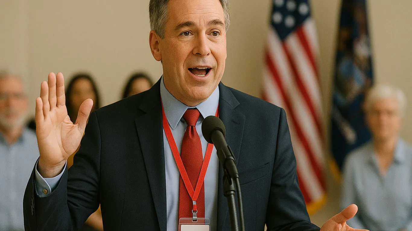 Government official speaking at a podium wearing a red ID badge lanyard