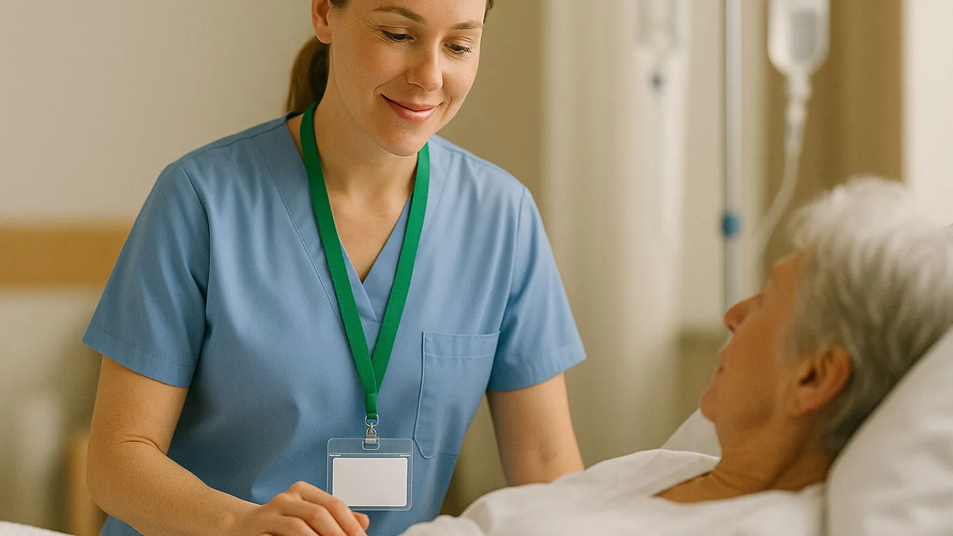 Nurse wearing a green ID badge lanyard while caring for a patient