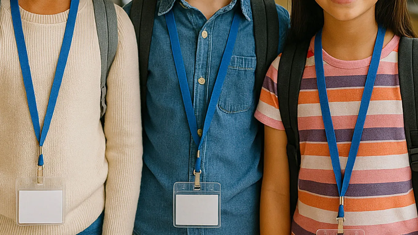 Students with backpacks wearing blue school lanyards with ID badges